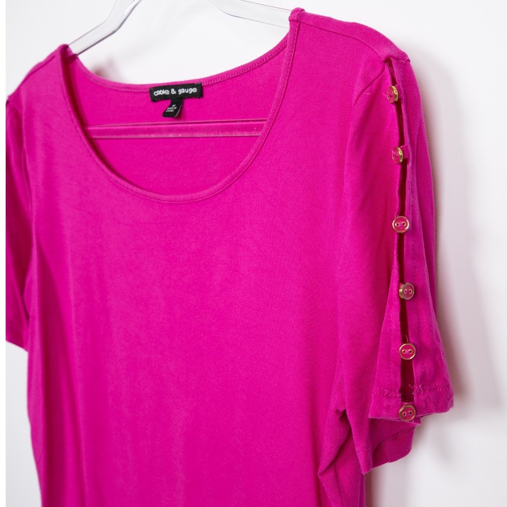 Cable & Gauge Button Sleeve Top Crew Neck Knit Tee Shirt Fuchsia M - Picture 5 of 12